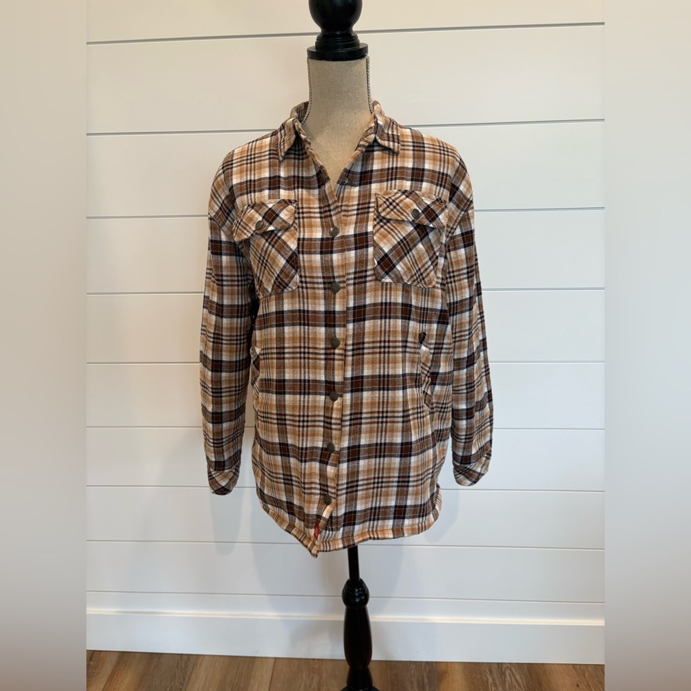 Dickies Shirt Jacket Brown Plaid Oversized Snap Shacket Quilted Lined Size XS